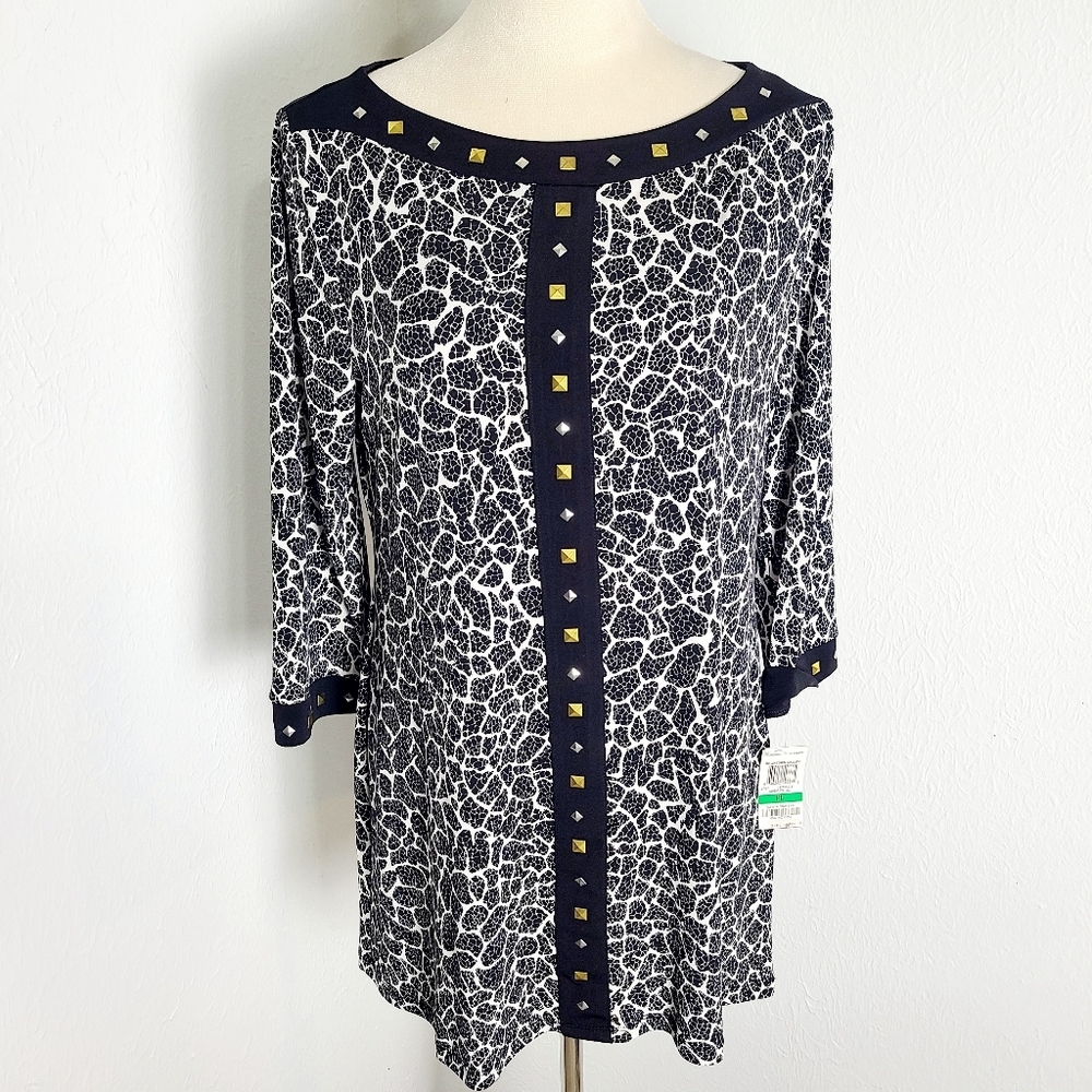 Style & Co. Black & White Print Tunic w/Gold & Silver Stud Accents, Size PL, NWT